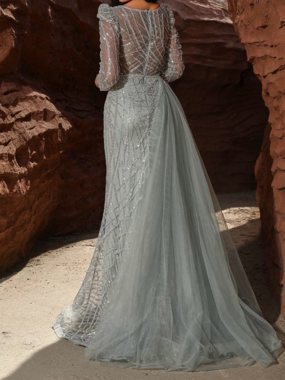 Stunning Mint Green Long Sleeve Evening Gown - Picture 3 of 3
